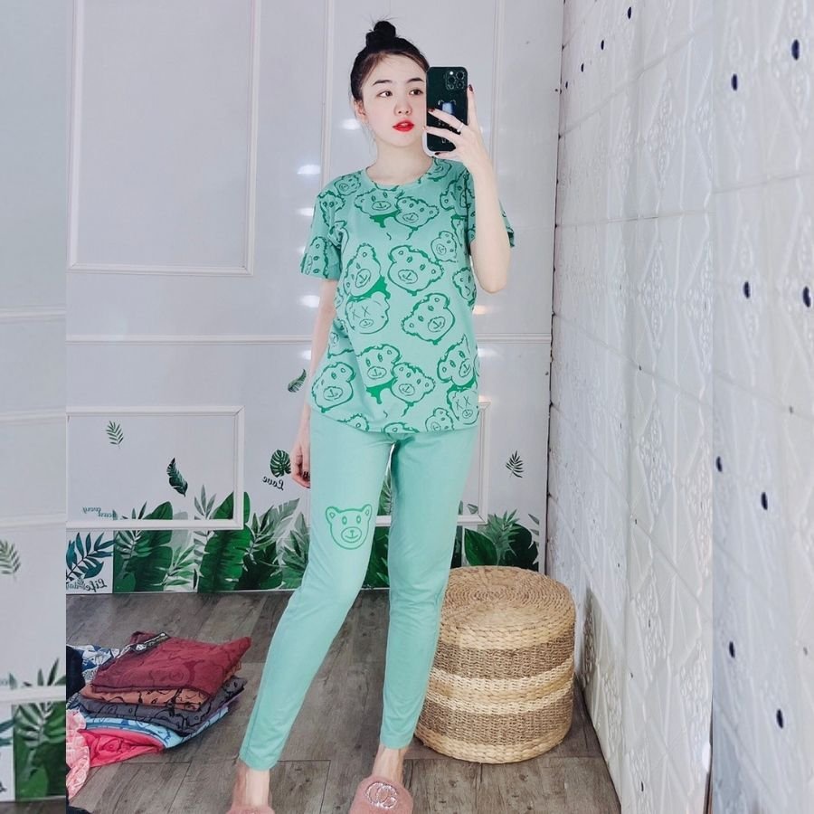 Đồ Bộ Nữ Bigsize 43-85kg Thun Cotton Quần Dài In Gấu Dễ Thương Mặc Nhà Mùa Hè Trung Niên ESHOP DB17