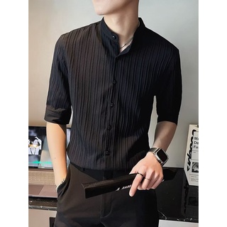 Hàn Quốc Chất Liệu Xếp Ly Hàn Quốc Ba Phần Tư Tay Đứng Cổ Áo Sơ Mi Mùa Hè Mỏng Ba Phần Tư Tay Áo Sơ Mi Giữa Tay Áo Sơ Mi Nam