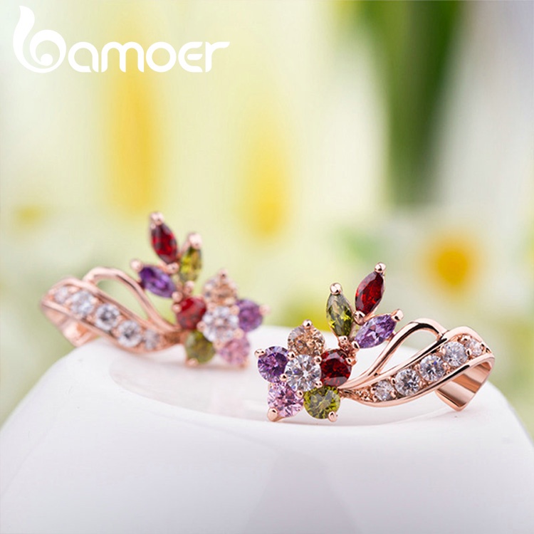 Bông tai Bamoer JIE019 tạo hình hoa với pha lê hồng  vàng thời trang thích hợp làm quà tặng cho trẻ em gái và phụ nữ