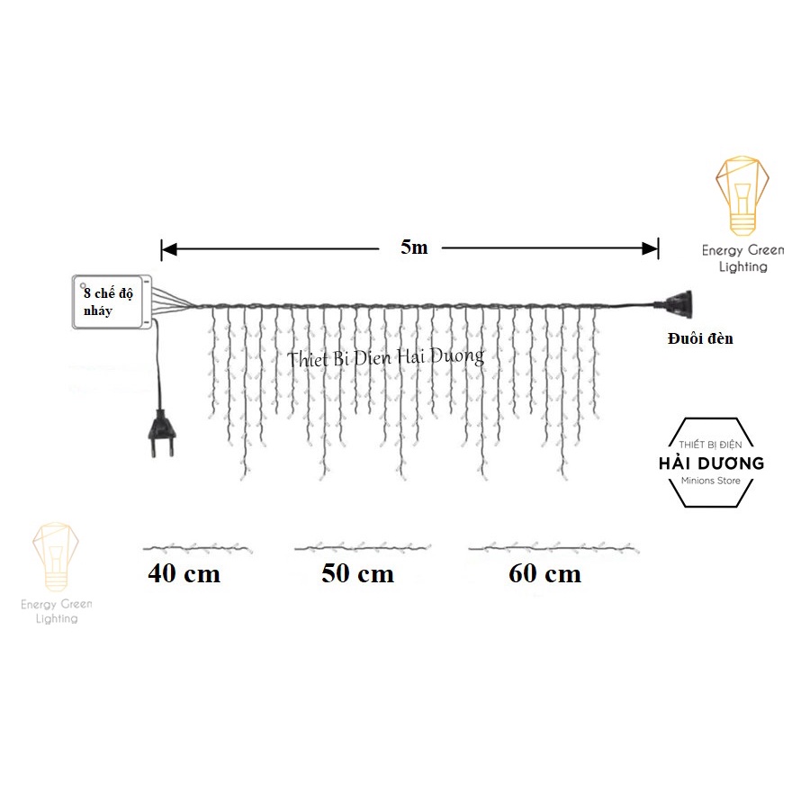 Ảnh Đèn nháy thả rèm Energy Green Lighting trang trí 8 chế độ DL456 Ngang 4,5 mét 19 dây thả xuống 40,50,60 cm Có đầu nối 4