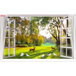 Tranh dán tường 3D khung cửa sổ thiên nhiên trong lành