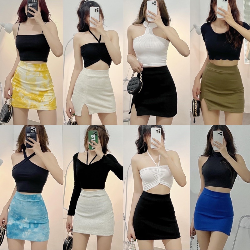 Chân Váy Ôm Xẻ Đùi + Trơn Dáng Ngắn Siêu Vintage 