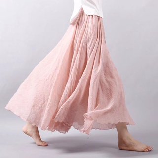 Phong Cách Hàn Quốc Nữ Vải Lanh cotton Co Giãn Eo Xếp Ly Váy Dài Midi Đầm
