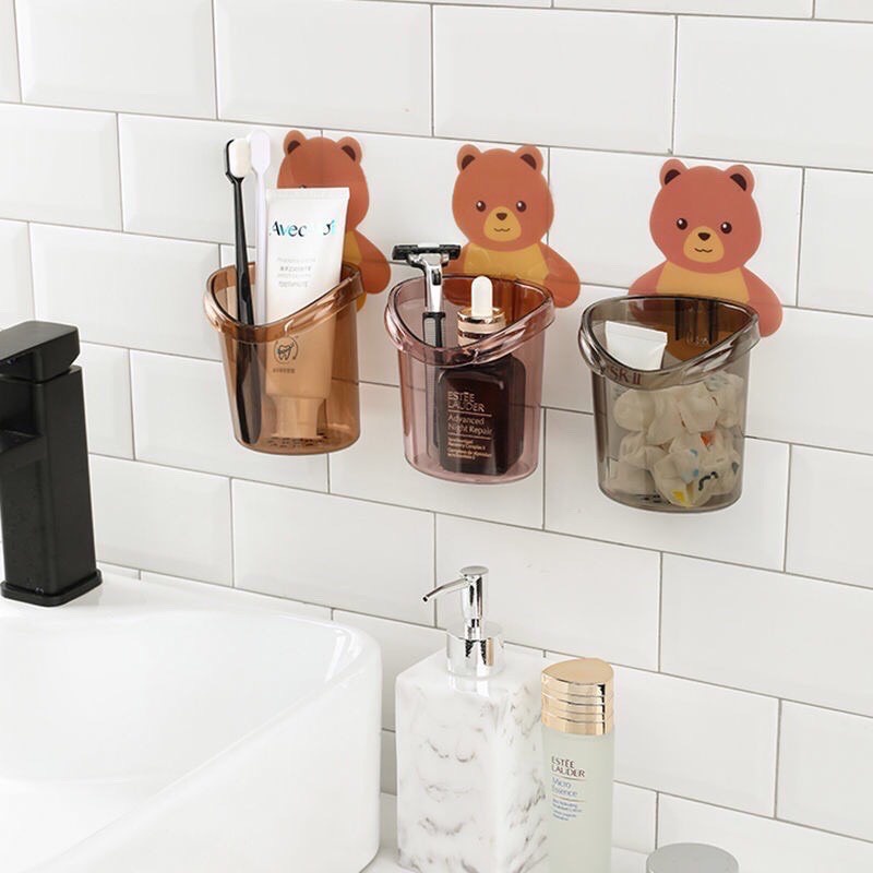 Cốc Gấu Dán Tường Để Bàn Chải Đánh Răng Hình Gấu Nâu Treo Tường Dễ Thương Có Lỗ Thoát Nước Tiện Lợi