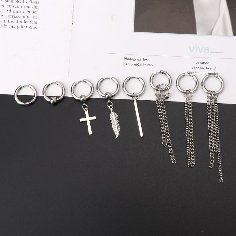 Korean Jewelry for Titanium Steel Earrings Long Men Boys Hoop Chain Drop Earring