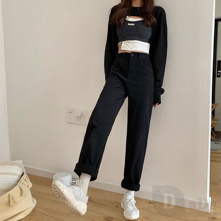 Ảnh Quần Jeans Nữ Lưng Cao Ống Rộng 2 Màu Thời Trang 4