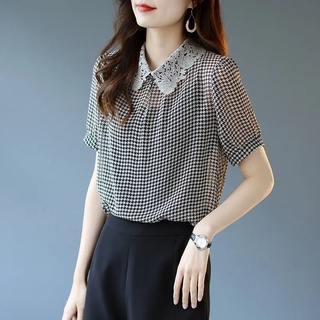 Áo sơ mi voan khâu ren Houndstooth Quần áo nữ mỏng Hàn Quốc Áo nữ phiên bản ngắn tay Áo sơ mi nhỏ tay mùa hè 2022 Áo sơ mi ngắn tay mỏng hơn Áo thời trang nữ