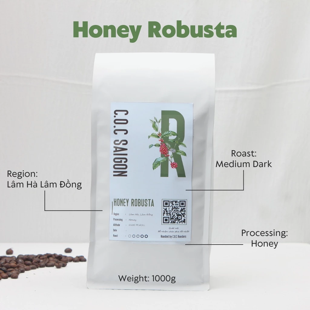 Honey Robusta - Cà phê Robusta Honey Lâm Hà Lâm Đồng 1kg