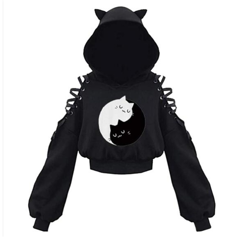 Áo Hoodie Croptop Dáng Rộng Hở Vai Tay Dài Khoét Lỗ Hở Vai Đính Tai Mèo Dễ Thương Phong Cách Harajuku Cho Nữ