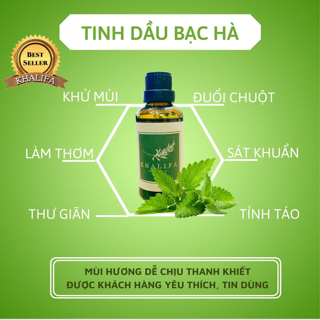 Tinh Dầu Bạc Hà Nguyên Chất Khalifa 50ml Tốt Cho Da Giảm Stress Khử Mùi Chống Say Xe Hàng Chính Hãng
