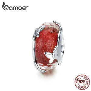 Hạt xỏ BAMOER bạc 925 màu đỏ hình bướm và da rắn thanh lịch cho trang sức