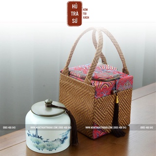 Hũ Trà Gốm Sứ Xanh Lam Mây - Binh Kèm Túi Vải Tiện Dụng - Bảo quản Trà, giữ hương thơm trà tốt