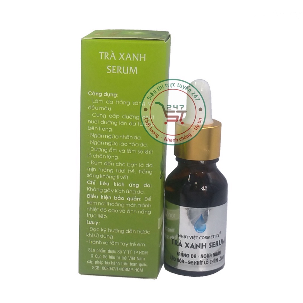 Serum dưỡng Trắng da mặt Ngừa nhăn Lão hóa Se khít lỗ chân lông Trà xanh serum Nhật Việt 15ml (Xanh nhạt)