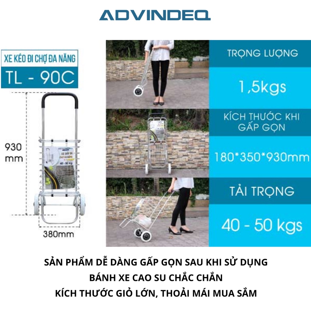 Xe kéo đi chợ ADVINDEQ TL-90C nhập khẩu, tiện lợi khi leo cầu thang bảo hàng chính hãng 12 tháng toàn quốc