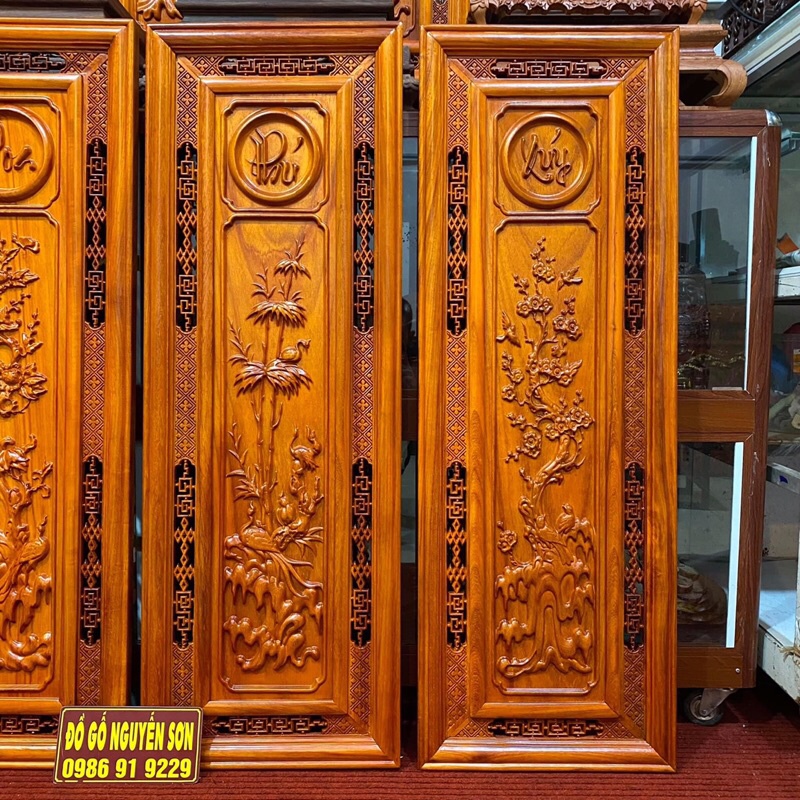 Bộ tranh gỗ treo tường tranh tứ quý gỗ hương ,sơn pu cao cấp ,bền đep kích thước 37*107,dày 4cm