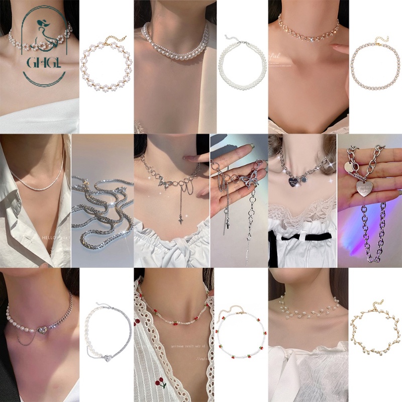Vòng cổ nữ 50 kiểu ngọc trai nhiều lớp phong cách Hàn Quốc, xương đòn, retro, nơ đính kim cương sang trọng