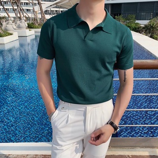 Hàn Quốc Nam Hàn Quốc Nhẹ Sang Trọng Cổ Chữ V Dệt Kim Ngắn Tay Áo Thể Thao Màu Trơn Thời Trang Ve Áo Cổ Lụa Nửa @