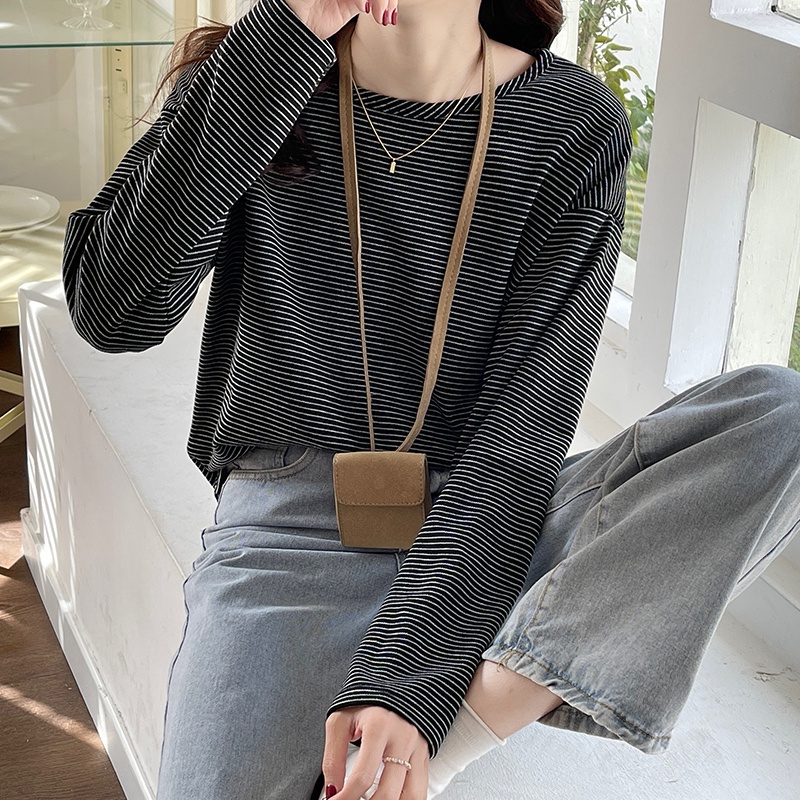 Áo thun SUXI cho nữ thiết kế cổ tròn dài tay sọc ngang thời trang