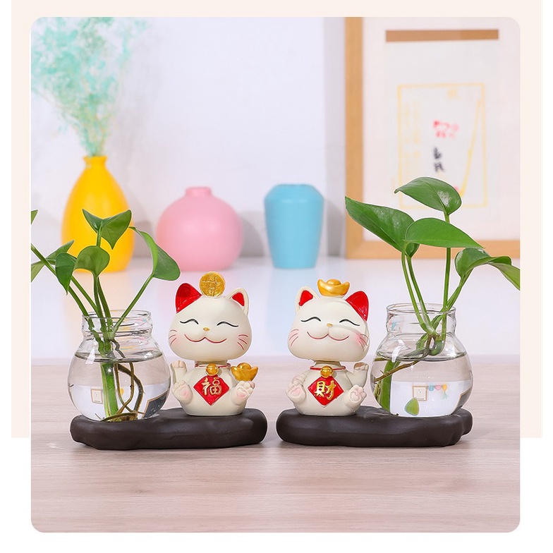 Bộ decor Mèo thần tài may mắn kết hợp cùng bình thủy sinh trang trí nhà, bàn làm việc góc học tập giúp mang lại may mắn