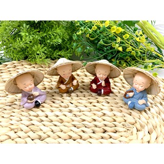 Bộ 4 tượng chú tiểu tịnh tâm thiền định đội nón lá ( Hình Thật - Video thật )