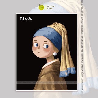 Tranh tô màu số hóa Madoca có khung 40x50cm thiếu nữ đeo ngọc trai T989