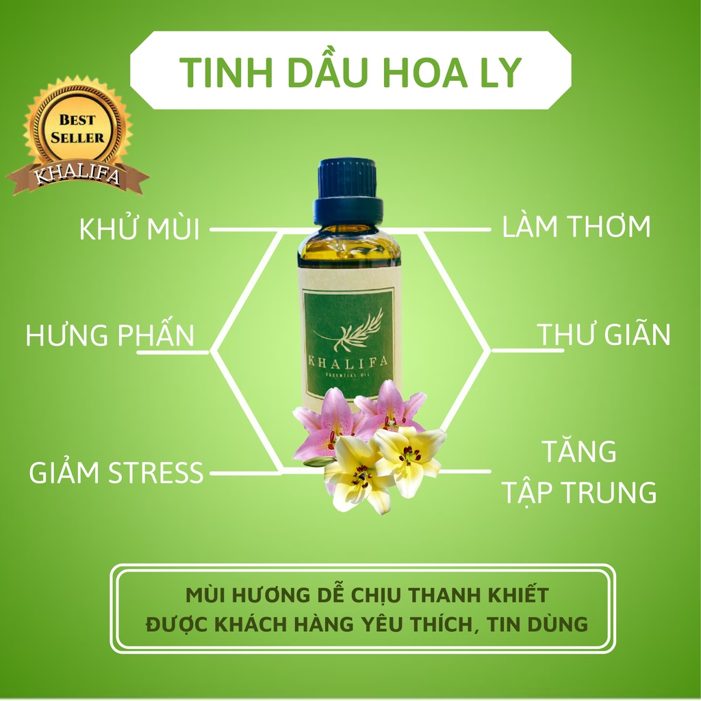 Tinh Dầu Hoa Ly Nguyên Chất Khalifa 50ml Tốt Cho Da Giảm Stress Khử Mùi Chống Say Xe Hàng Chính Hãng