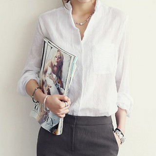 Áo sơ mi nữ tay dài mỏng bằng vải cotton lanh