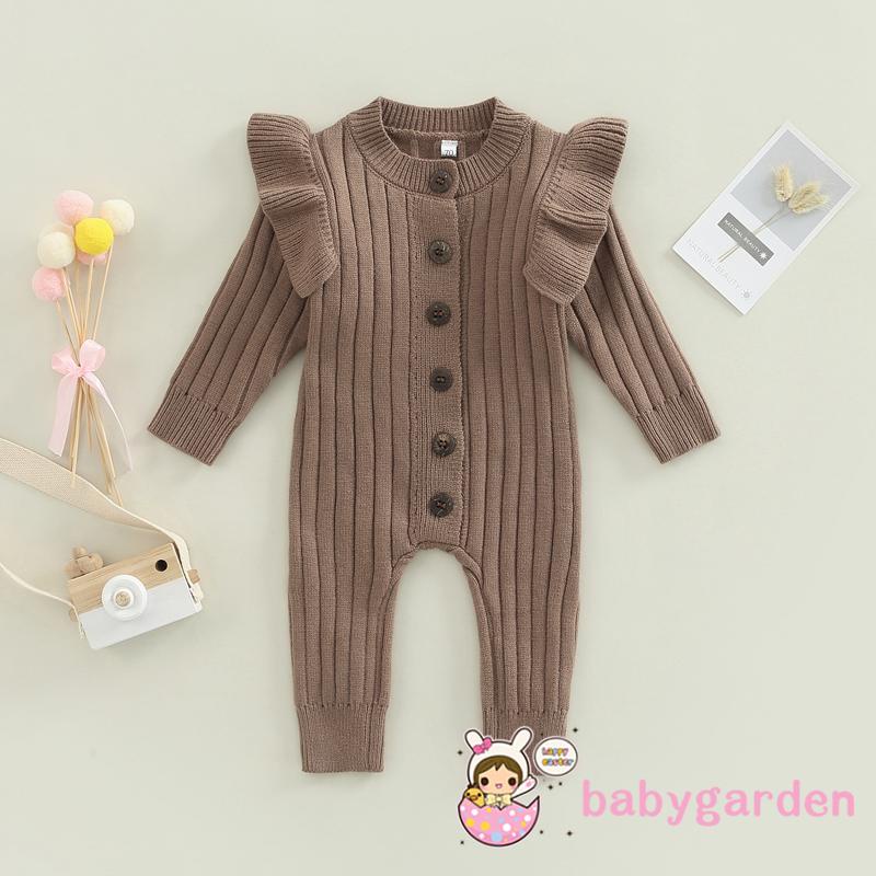Áo Liền Quần Dệt Kim Tay Dài Cổ Tròn Màu Trơn Thời Trang Cho Bé Gái 0-18 Tháng Tuổi