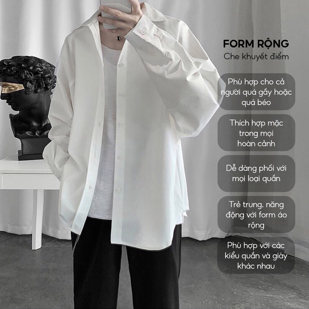 Mô tả Áo sơ mi nam nữ dài tay Unisex Basic màu trắng và đen sơ mi lụa mịn mát form rộng suông ELNIDO-ED03 - 4