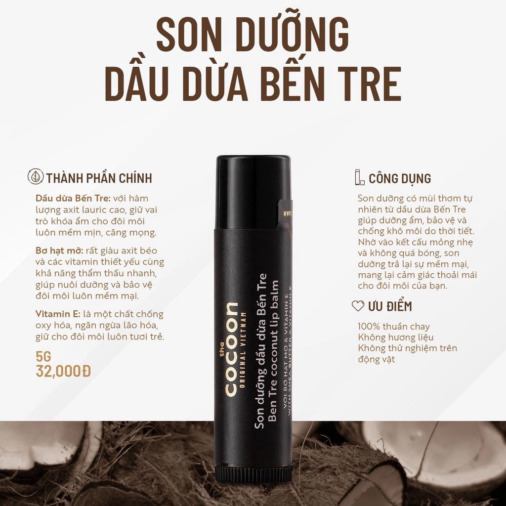Ảnh Son Dưỡng Môi Dầu Dừa Bến Tre The Cocoon Ben Tre Coconut Lip Balm 5g 1