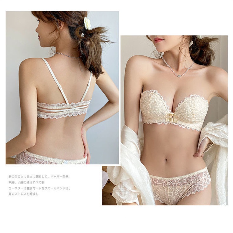 Set Áo Lót Nâng Ngực + Quần Lót Nữ Họa Tiết Ren Không Dây Cài Khóa Trước Dễ Tháo Rời Thoải Mái Chất Lượng Cao Dành Cho Nữ