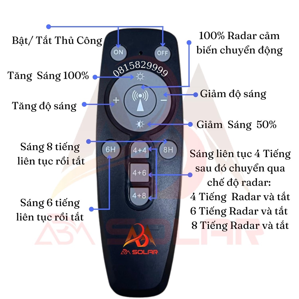 Đèn Công Trình Năng Lượng Mặt Trời ABMSOLAR 1000W, Vỏ Nhôm Đúc Nguyên Khối, Pin 100.000mAh, Chống Nước IP68, Remote Tiện