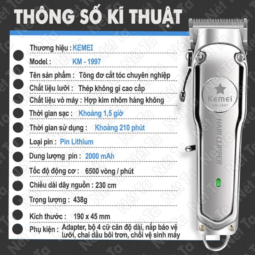 Ảnh Tông đơ cắt tóc không dây Kemei KM-1997/ 1998 chuyên nghiệp với toàn thân là hợp kim nhôm cao cấp pin lithium 2000mAh 4