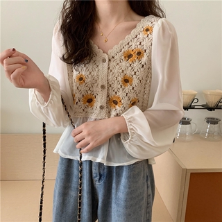 Áo Dệt Kim Nữ Tay Dài Phối Ren Phong Cách Hàn Quốc baju baju wanita Lenan panjang