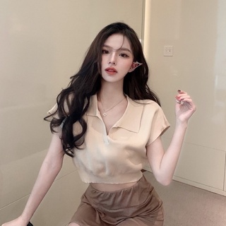 Áo Croptop, Áo Kiểu Cổ Bẻ Màu Quả Mơ Nữ Body Chất Tăm