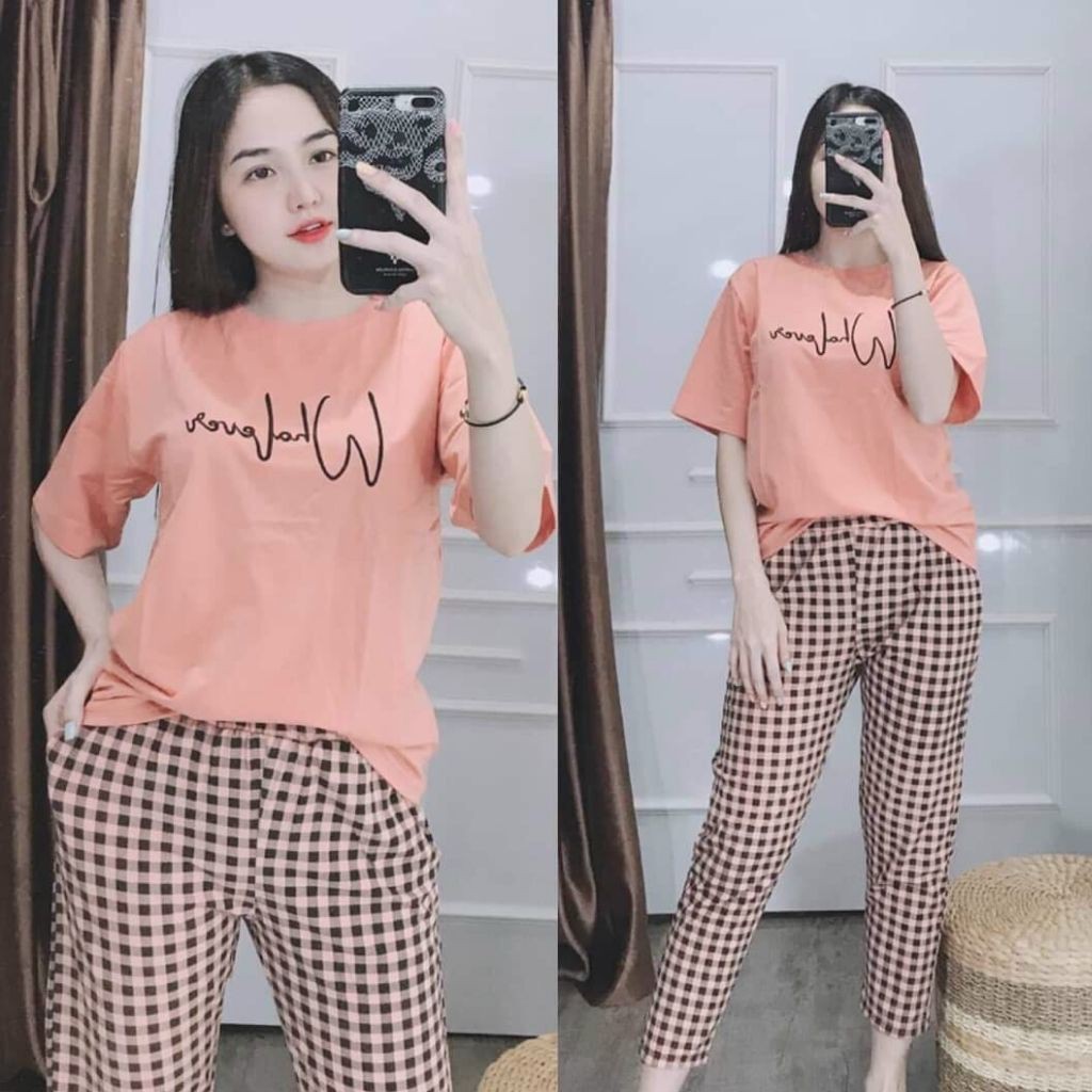 Đồ Bộ Nữ Bigsize ESHOP Đồ Mặc Nhà Thun Cotton Quần Dài Caro Thể Thao Dễ Thương Trung Niên MS901