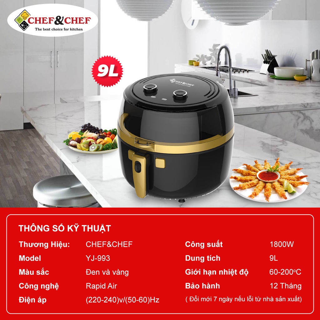 Ảnh Nồi Chiên Không Dầu CHEF&CHEF 9L (YJ-993) – Mặt Kính Sang Trọng, Tay Đảo Tiện Lợi 2