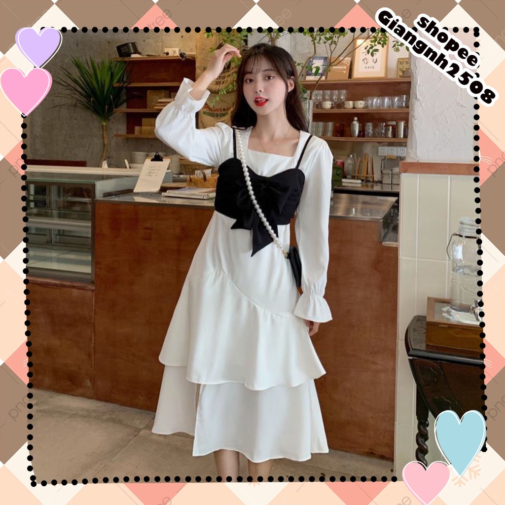 V014 Váy trắng yếm đen nơ ngực vintage công chúa, đầm xòe cổ vuông 2 tầng xẻ chân tay bồng dáng dài retro tiểu thư xinh