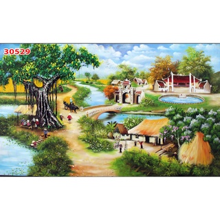 Tranh Dán Tường 3D Đồng Quê Ruộng Lúa Chín Thơm, hình ảnh đầu làng, đường làng quen thuộc