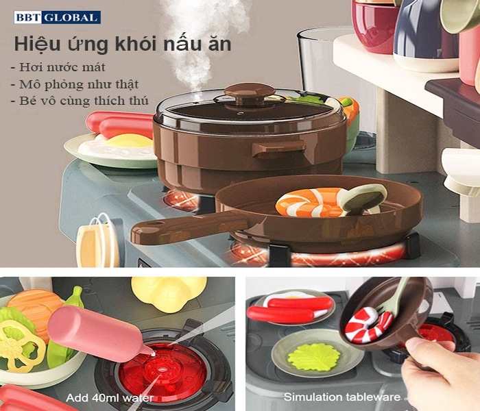 Chi tiết đồ chơi nhà bếp 63cm 42 chi tiết có khói BBT Global