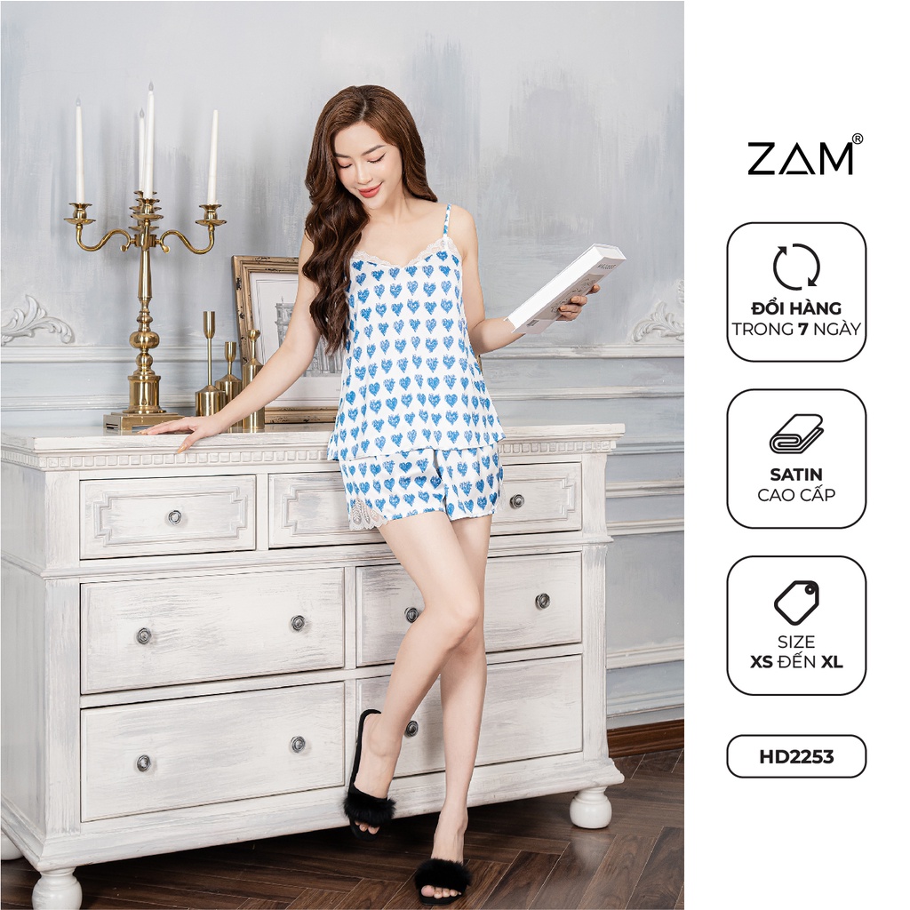 Bộ mặc nhà satin ZAM Luxury - HD2253 - áo hai dây quần đùi họa tiết