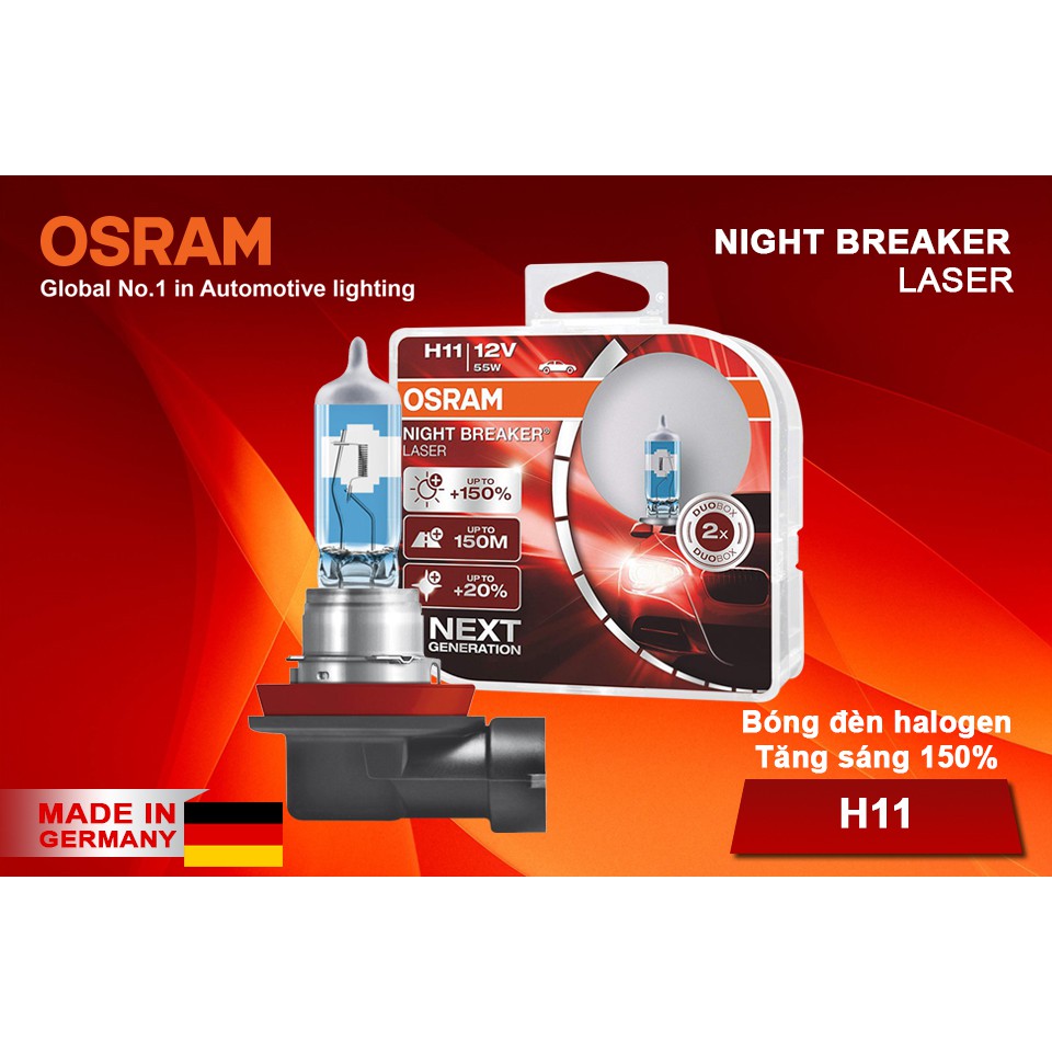 Combo 2 Bóng Đèn Halogen Tăng Sáng 150% OSRAM Night Breaker Laser H11 12V 55W