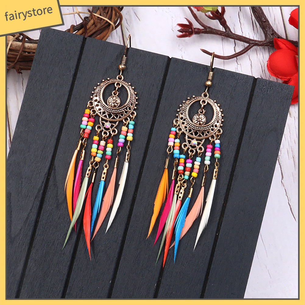 Bông Tai Móc Gắn Lông Vũ Phong Cách Bohemian Dành Cho Nữ