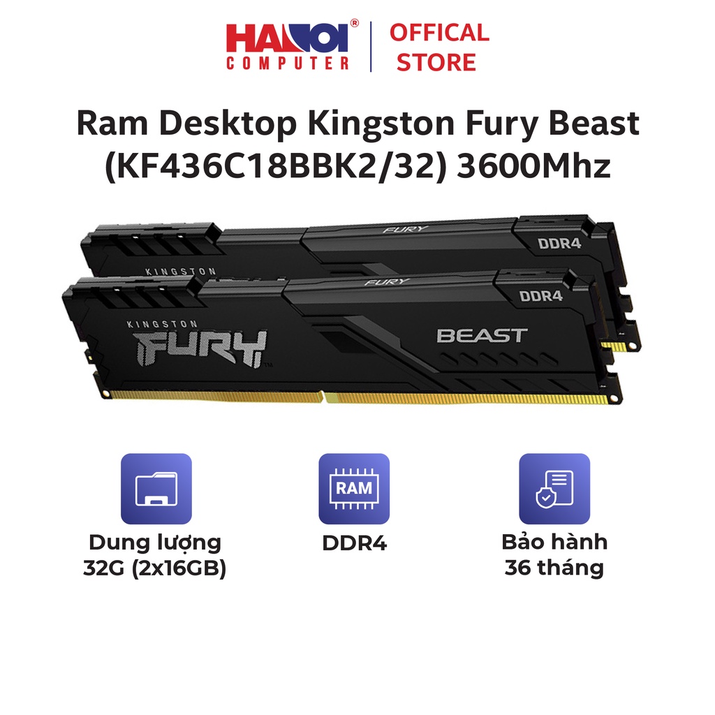 Ram Desktop Kingston Fury Beast (KF436C18BBK2/32) 32GB (2x16GB) DDR4 ...