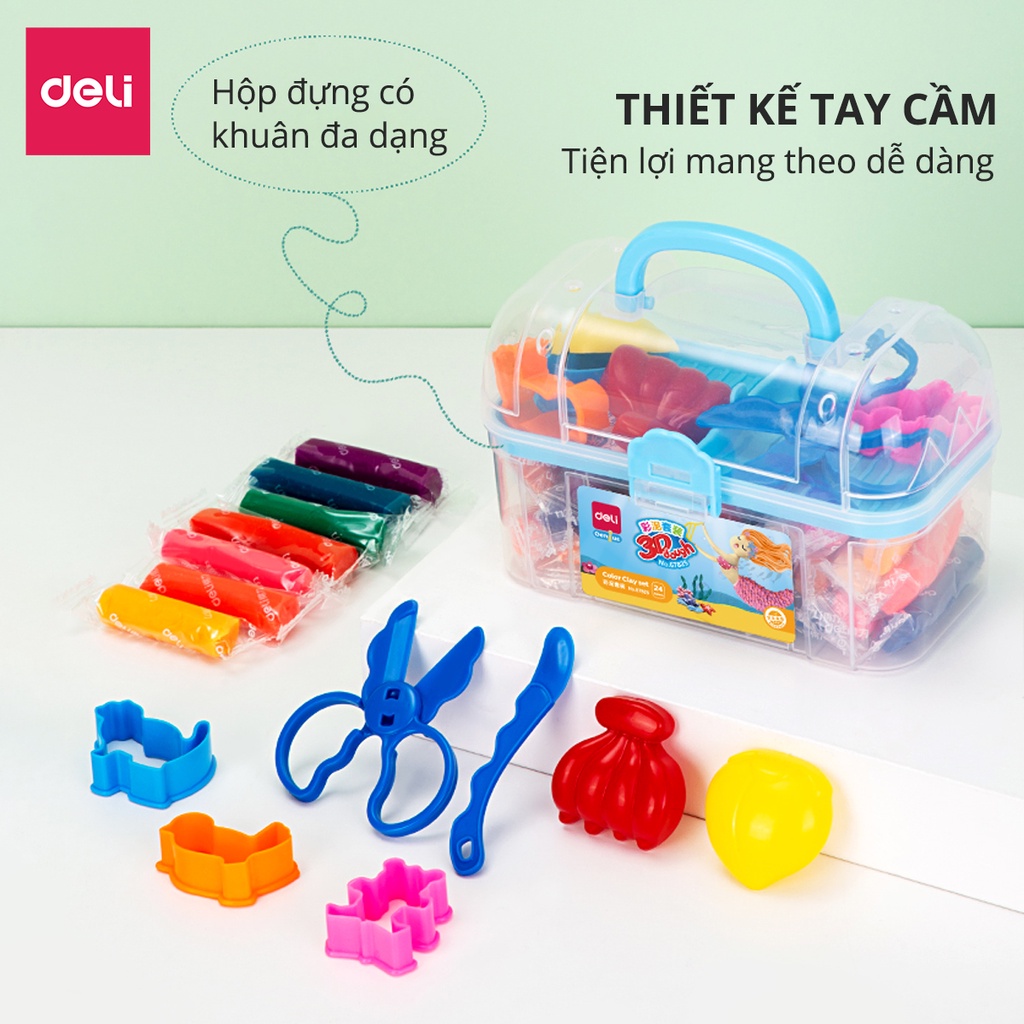 Bộ Đất Nặn Kháng Khuẩn 3D Deli Đất Sét Nặn 24 Màu Chất liệu an toàn cho trẻ nhỏ, màu sắc tươi sáng đa dạng, kèm khuôn