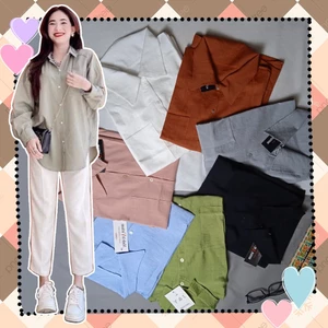 SQ004 Bộ áo sơ mi 6 màu và quần Culottes trắng, bộ áo dài tay có túi ngực mix quần suông ulzzang phong cách, cá tính