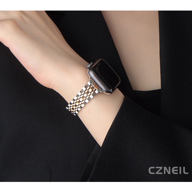 Nữ Bảy Hạt Thép Không Gỉ Tinh Tế Chống Phai Màu Ống Hút Chống Thấm Nước Cho Apple Watch S11 SE3 Ultra3 S10 S9 S8 SE S7 S6 Ultra 49mm 46mm 40mm 44mm 41mm 45mm Iwatch Band