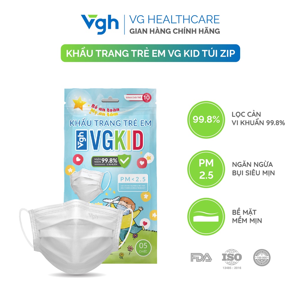 Khẩu trang VG KID túi zip cho bé kháng khuẩn, chống bụi mịn 99,98%, vừa vặn-Chính hãng VG Healthcare-Túi  5 chiếc