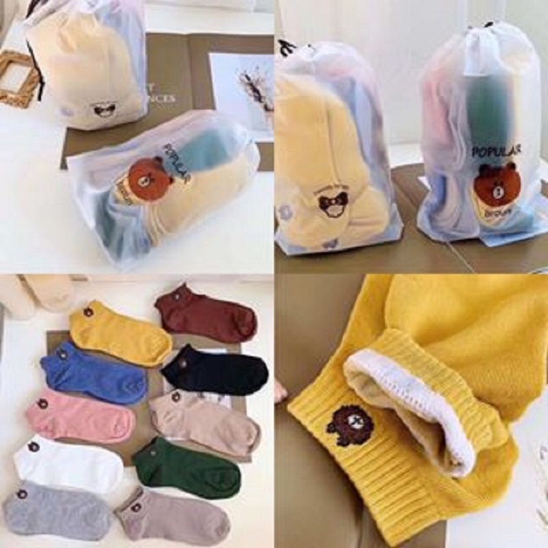 Combo 10 Tất vớ nữ cổ ngắn chất cotton hình gấu brown  dễ thương
