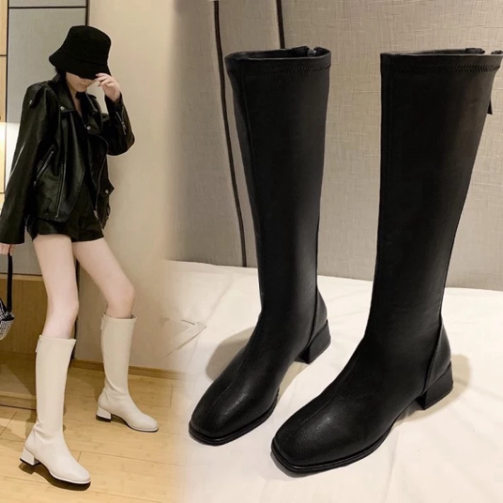 Bốt đùi nữ, Giày bốt nữ da cổ cao- Giày boot cao gót nữ thời trang, giày ulzzang nữ Hàn Quốc khóa kéo full box